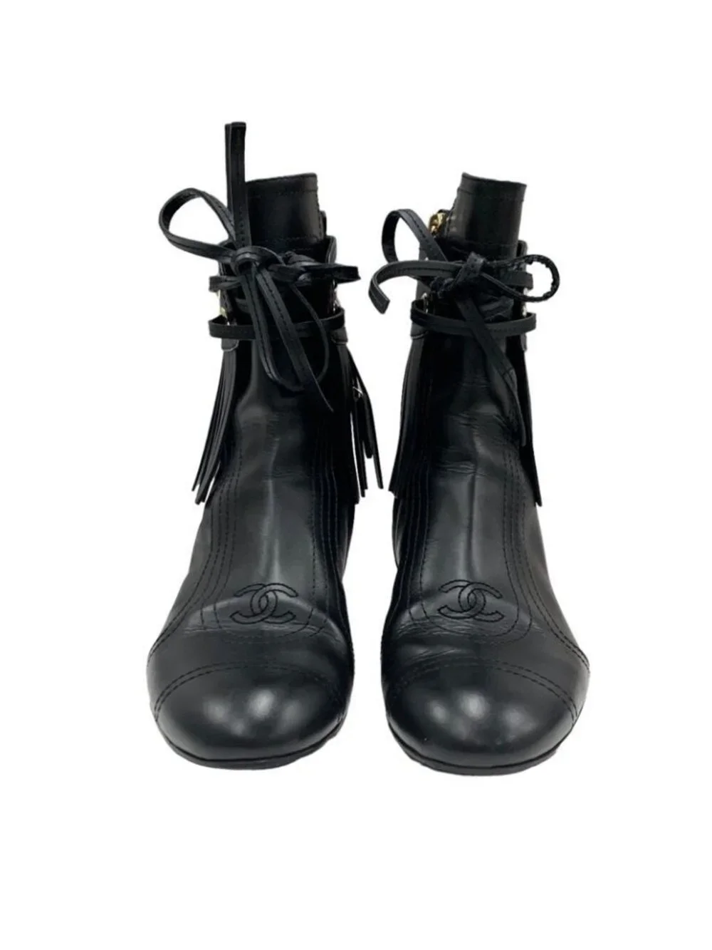 Chanel Boots Short Shoes Leather Black Coco Mark Fringe - Picture 2 of 9